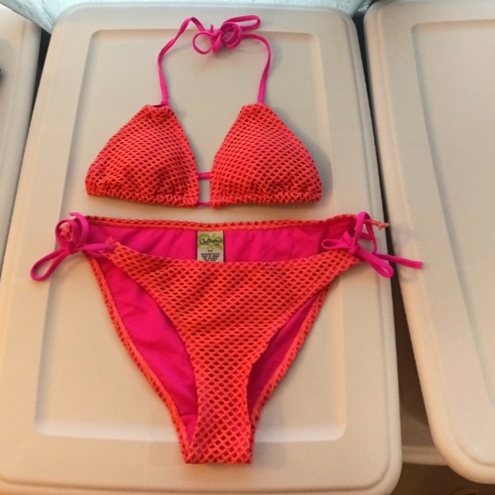 Girls Castaway's Orange/Pink Bikini Self Tie Eyelet Swimsuit Size 12